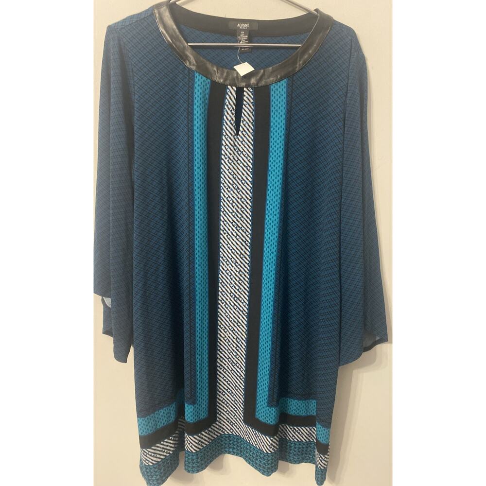 Alfani Mini Dress Women Size 1X Blue White Stretch 3/4 Sleeve Retro Disco Hippie